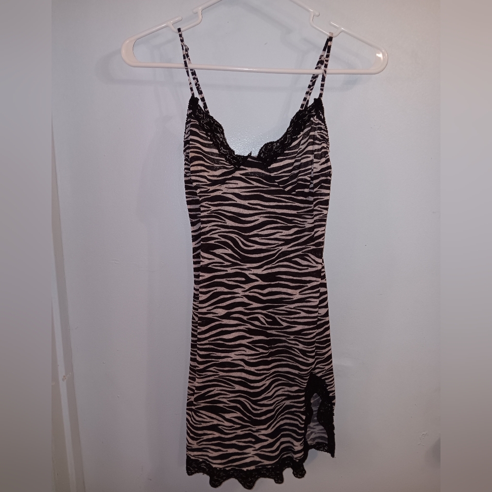 Zebra Animal Print Lace Trim Chemise Night Gown Nightie Dress Stretch